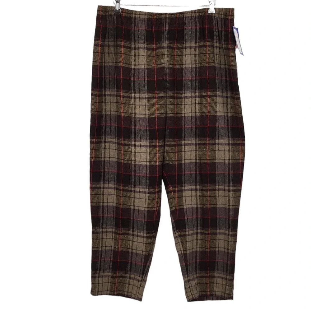 Blair Vintage Brown Gray Plaid Flannel Pull On Pants Womens 24 1/2 Tapered Leg‎